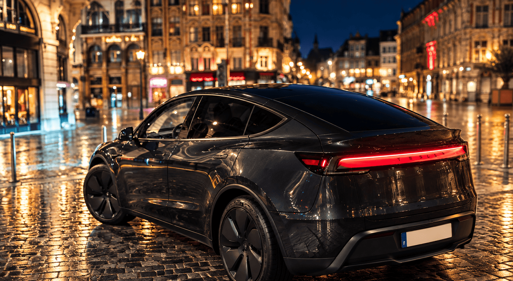 Tesla Model Y Juniper modèle 2026 garée devant la Grand place à Lille