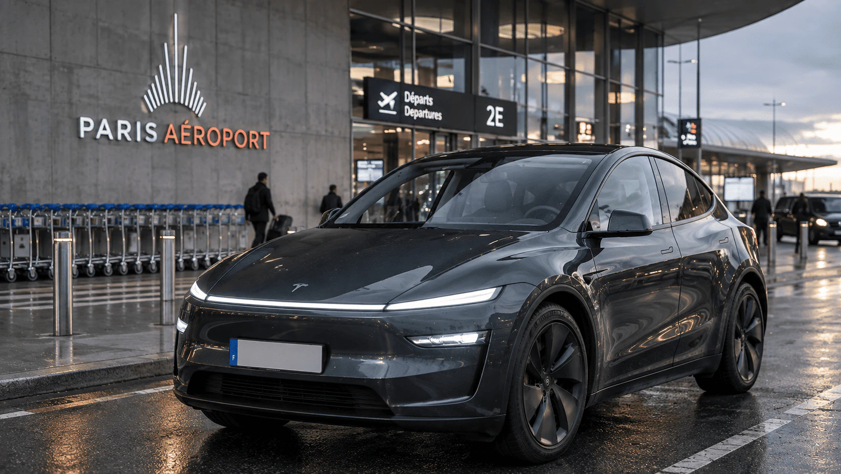 Tesla Model Y dans le terminal de l'aéroport Paris Charles de Gaulle.